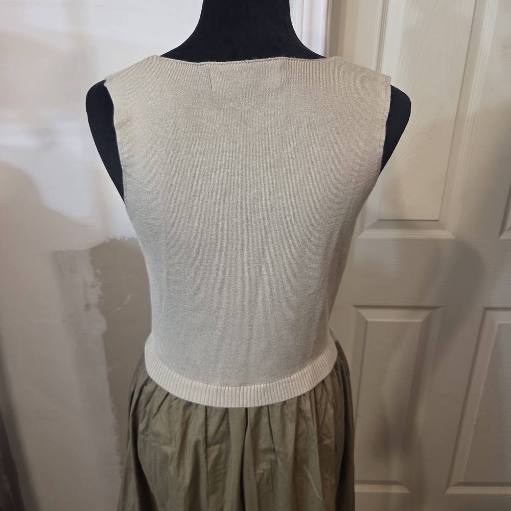 Taylor Cream Knit Bodice Olive Green Full Maxi Skirt Dress Vneck Pockets Pleated - Picture 5 of 12